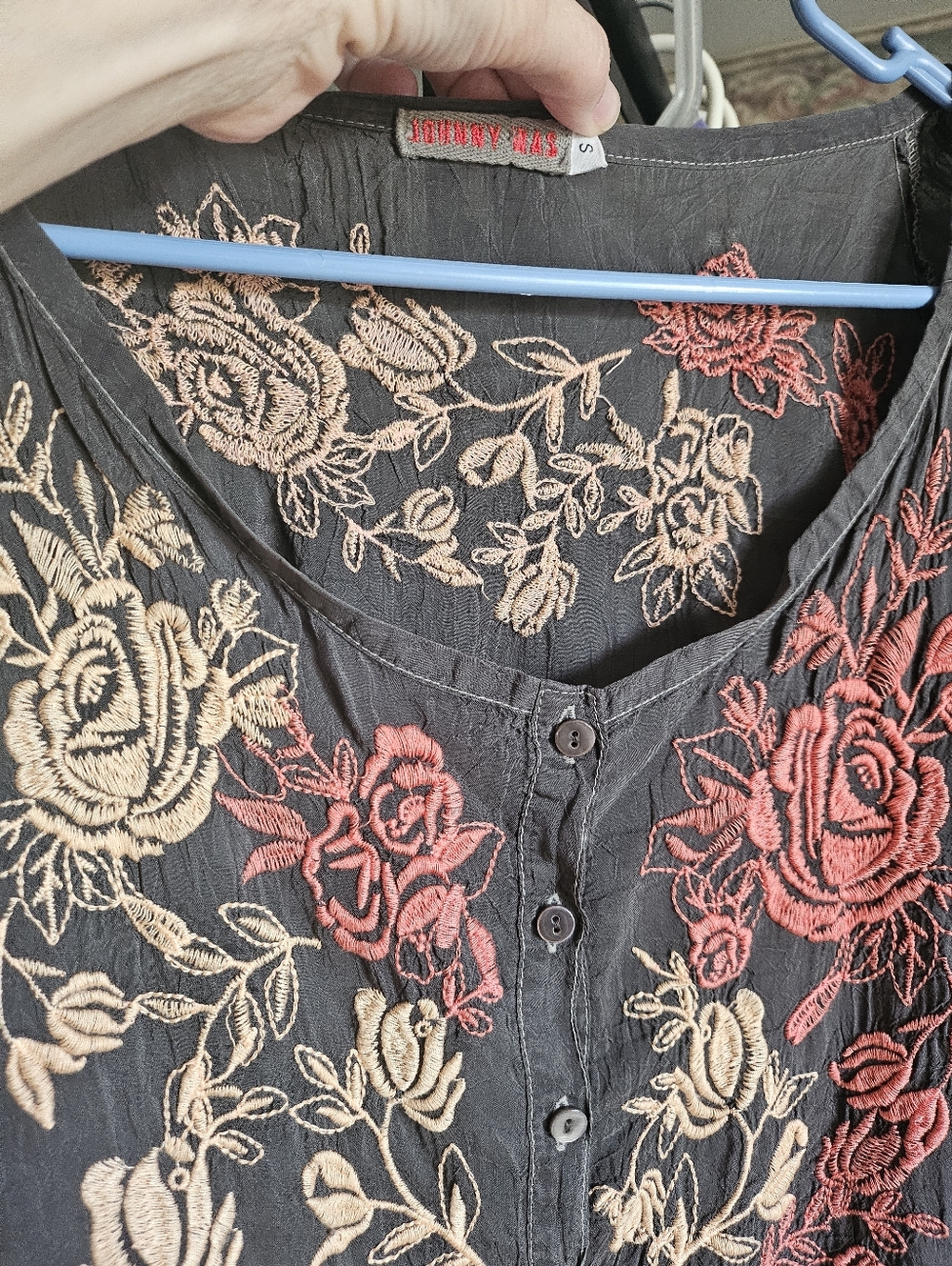 Johnny Was Gray Button-Front Top with Tan & Rose Embroidery
